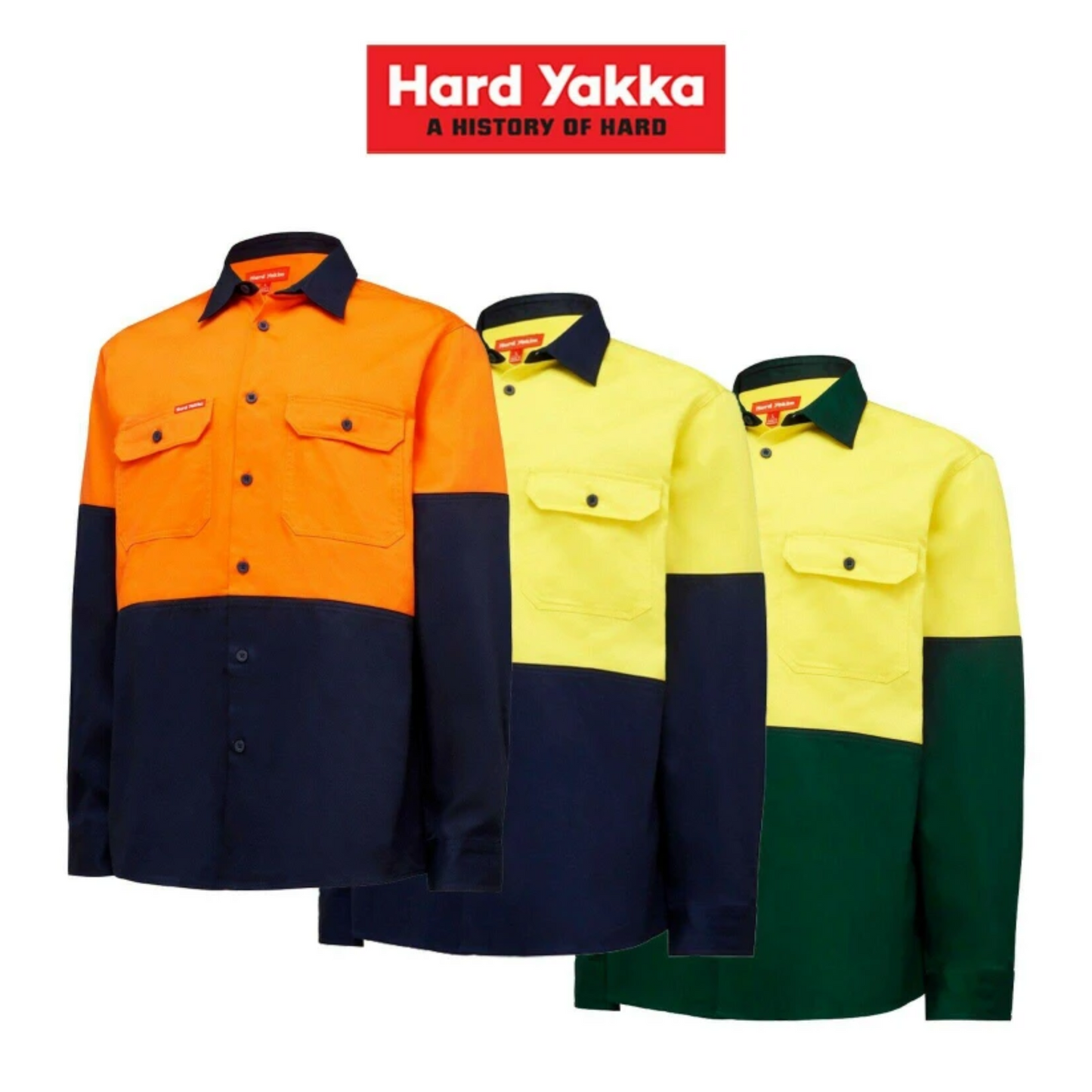 Hard Yakka Men's Core Hi-Vis Long Sleeve Heavyweight Cotton Drill Shirt - Yellow/Green