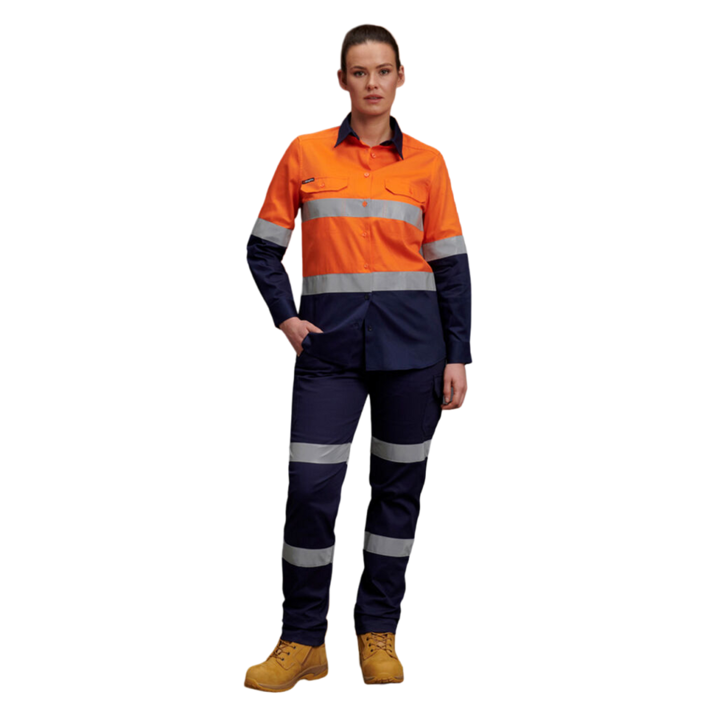 KingGee Women's Hi-Vis Reflective Long Sleeve Work Shirt - Orange/Navy