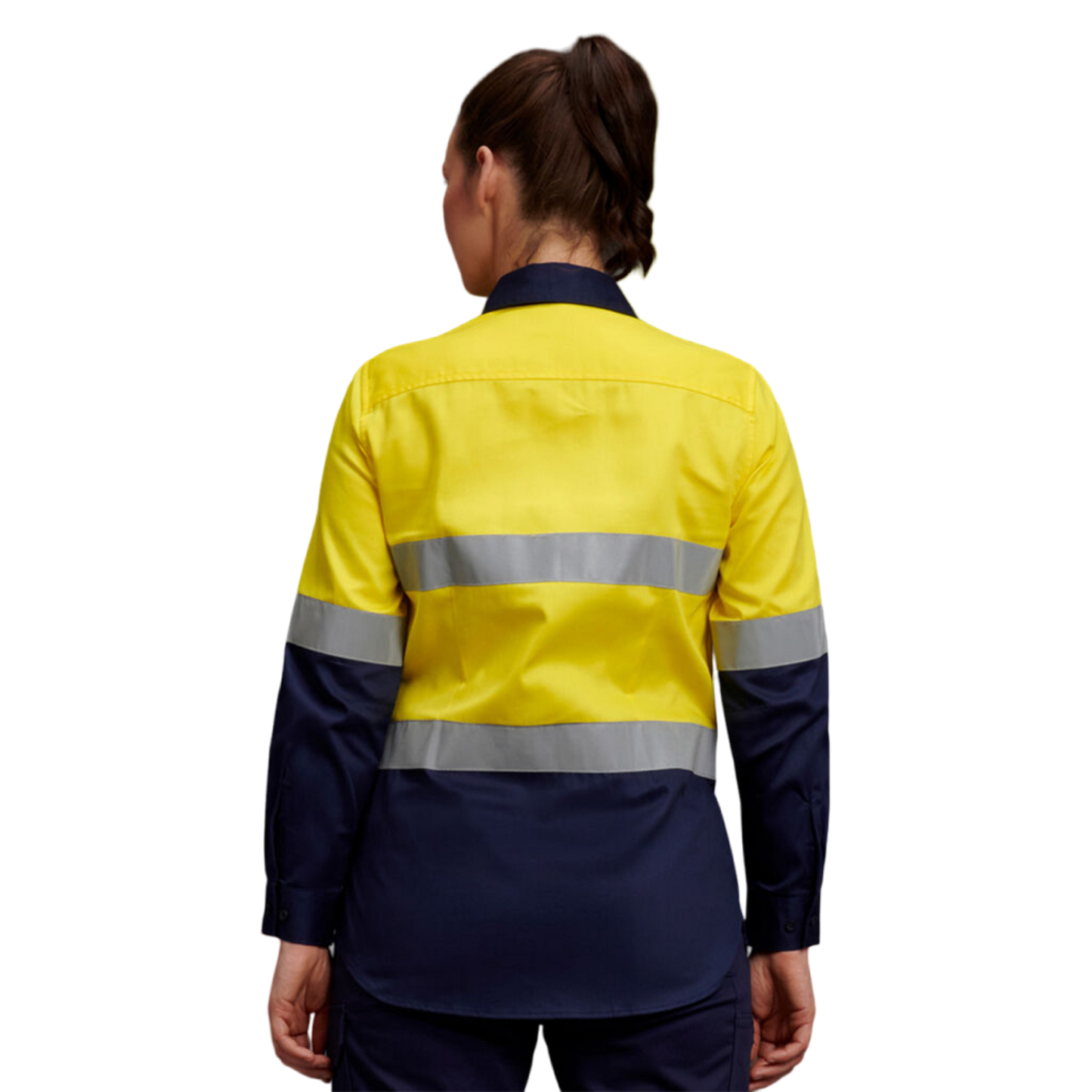 KingGee Women's Hi-Vis Reflective Long Sleeve Work Shirt - Yellow/Navy