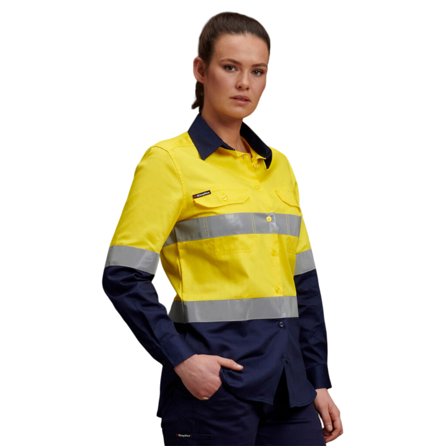KingGee Women's Hi-Vis Reflective Long Sleeve Work Shirt - Yellow/Navy