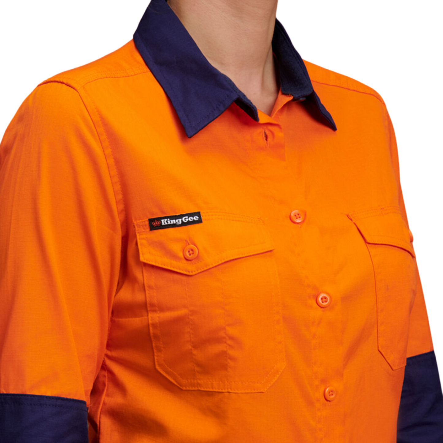 KingGee Women's Workcool 2 Hi-Vis Lightweight Work Shirt - Orange/Navy
