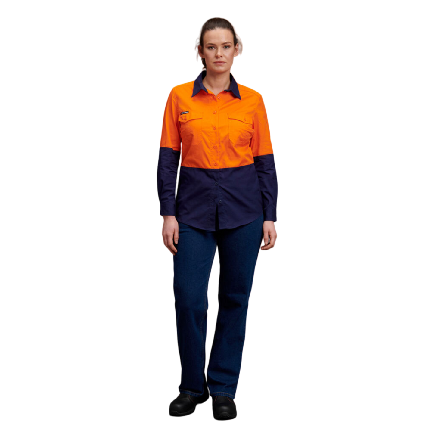 KingGee Women's Workcool 2 Hi-Vis Lightweight Work Shirt - Orange/Navy
