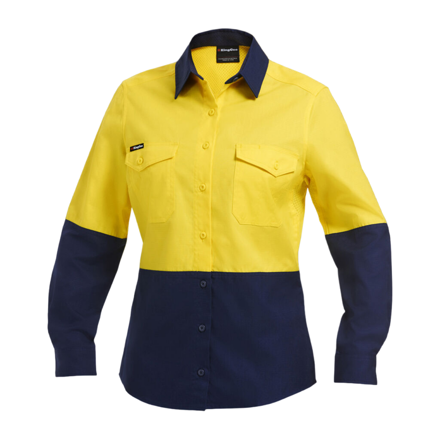 KingGee Women's Workcool 2 Hi-Vis Lightweight Work Shirt - Yellow/Navy