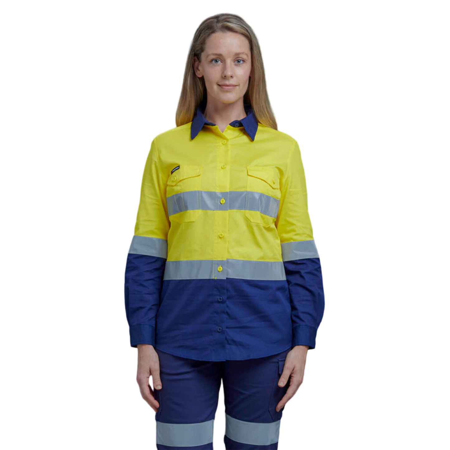 KingGee Women's Workcool 2 Hi-Vis Lightweight Reflective Work Shirt - Yellow/Navy