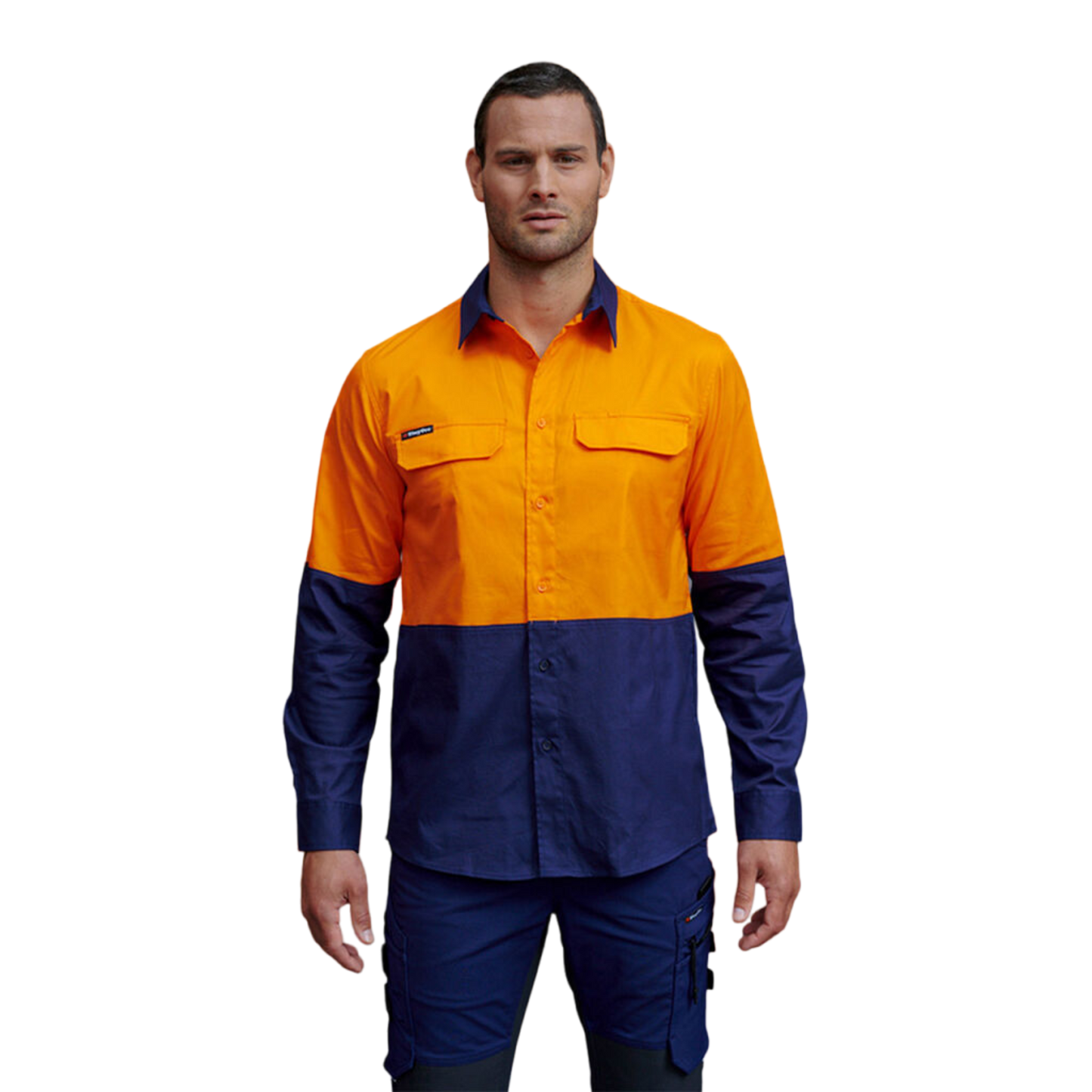 KingGee Men's Workcool Pro Hi-Vis Stretch Long Sleeve Work Shirt - Orange/Navy