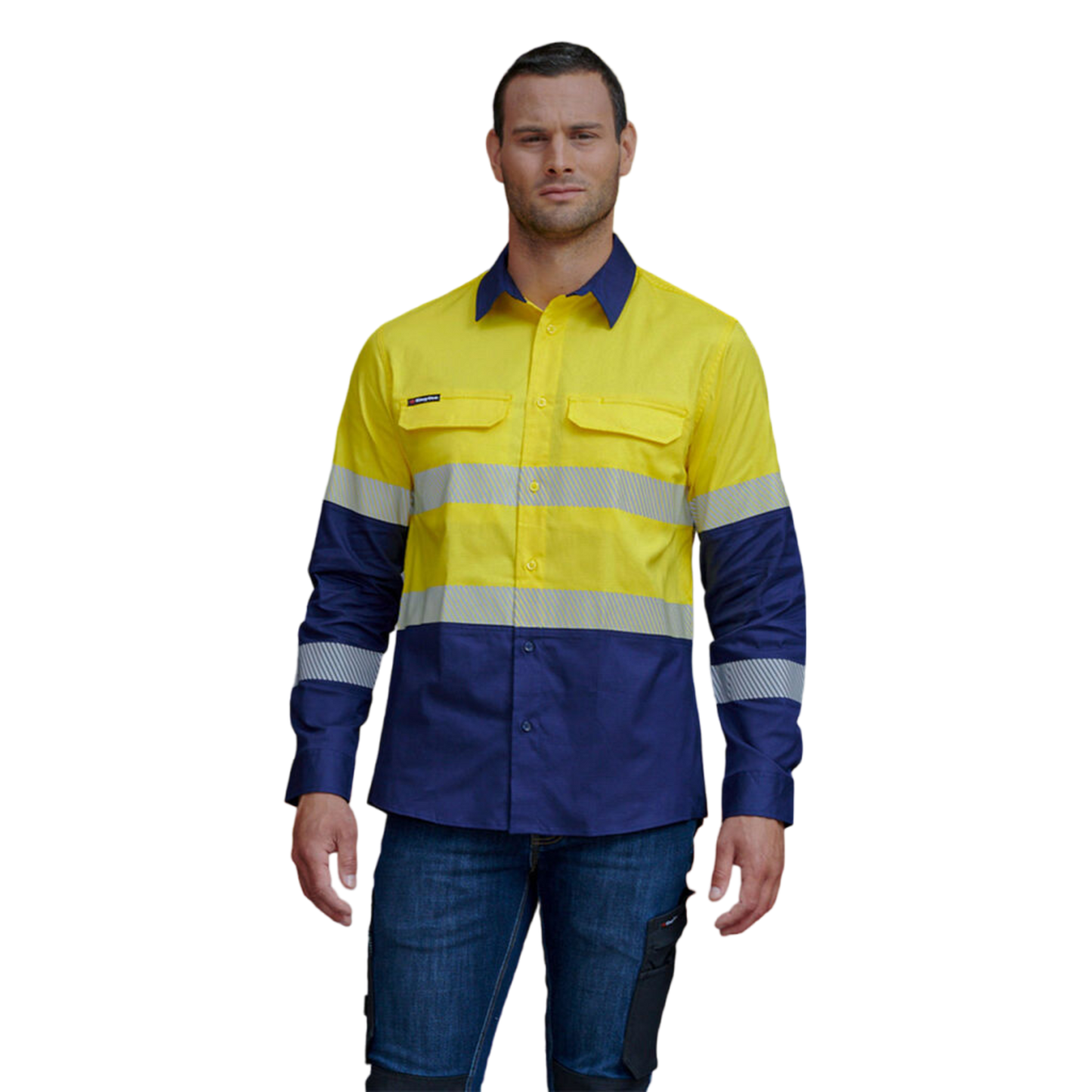 KingGee Men's Workcool Pro Hi-Vis Two Tone Stretch Reflective Work Shirt - Yellow/Navy