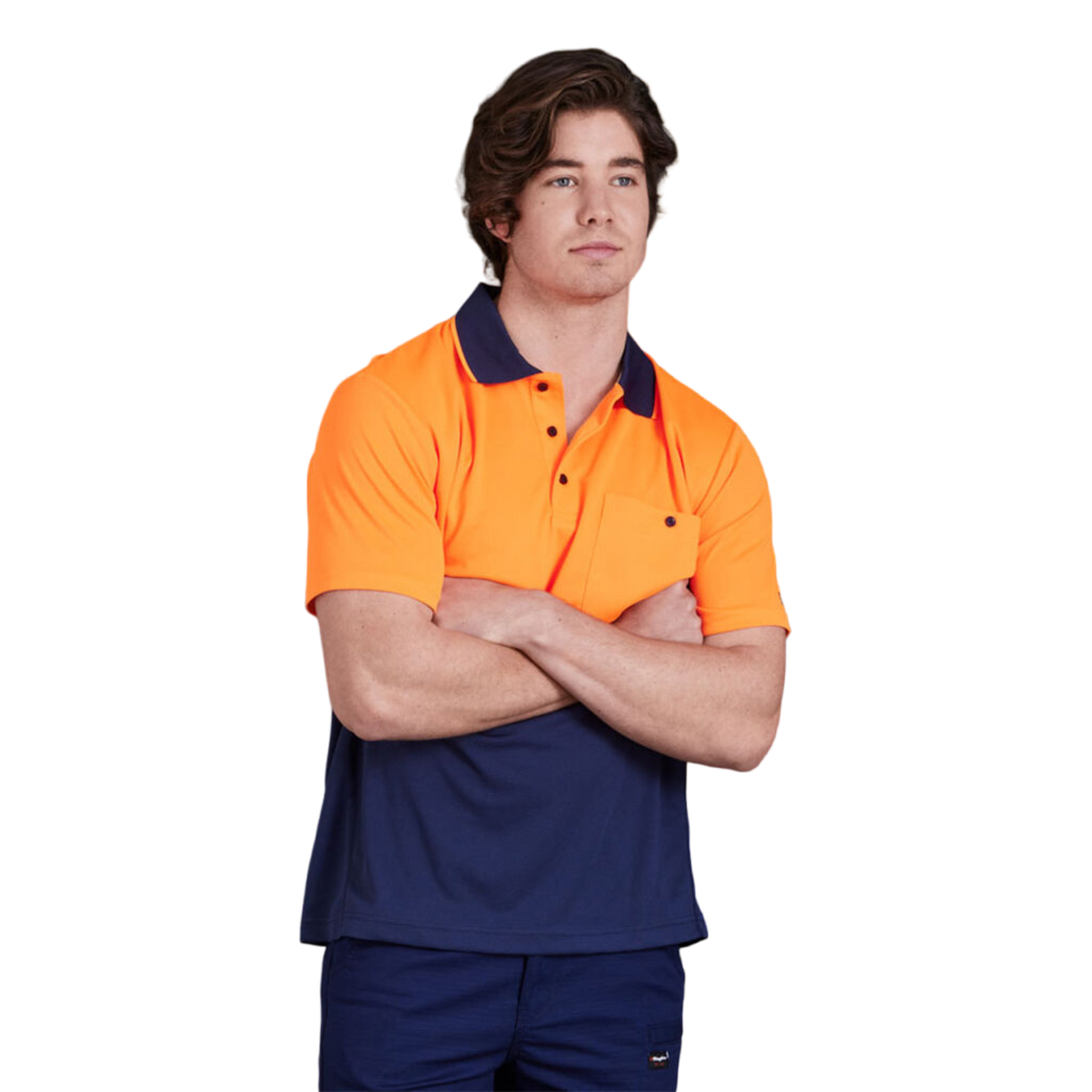 KingGee Men's Workcool Hyperfreeze Hi-Vis Two Tone Short Sleeve Polo Shirt - Orange/Navy