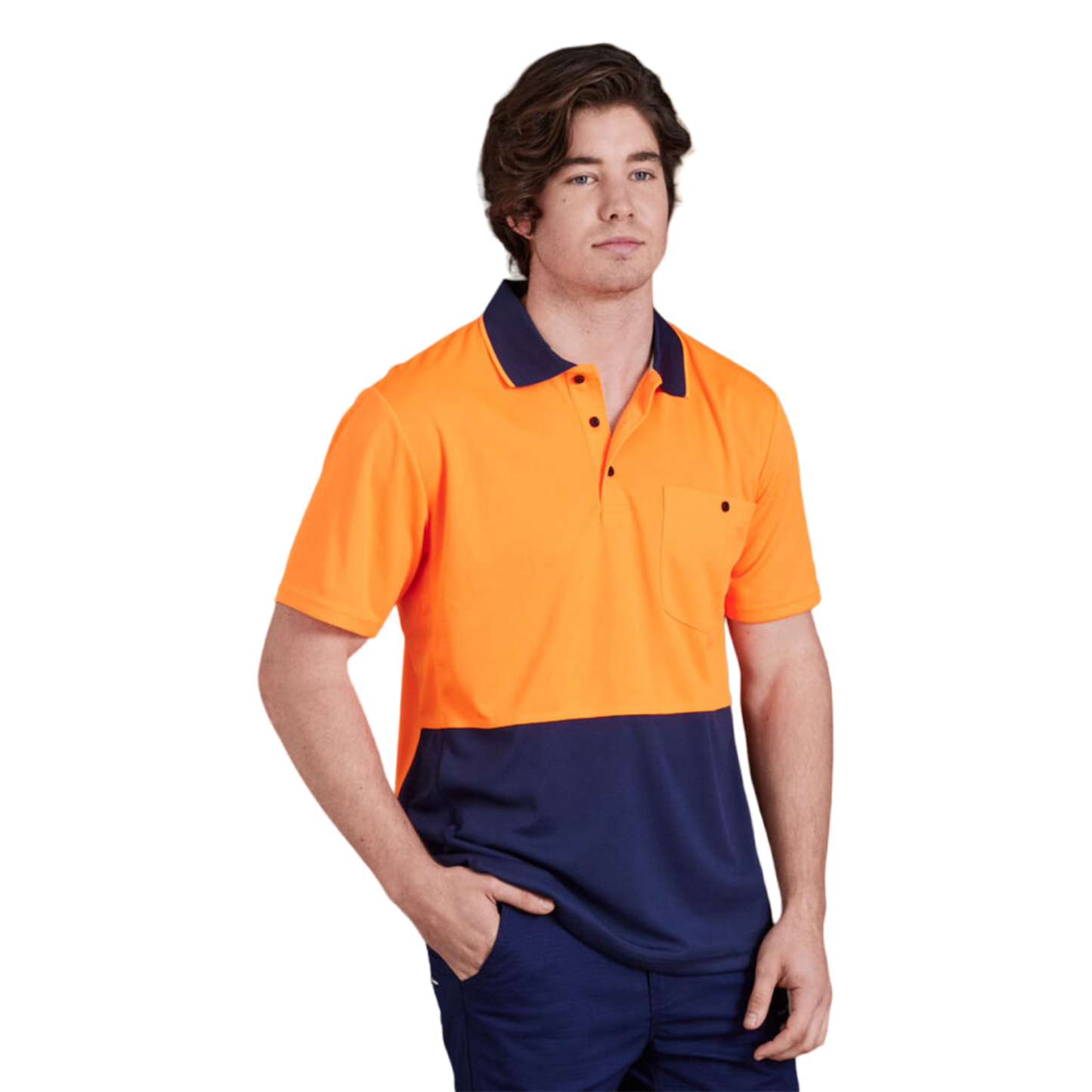 KingGee Men's Workcool Hyperfreeze Hi-Vis Two Tone Short Sleeve Polo Shirt - Orange/Navy