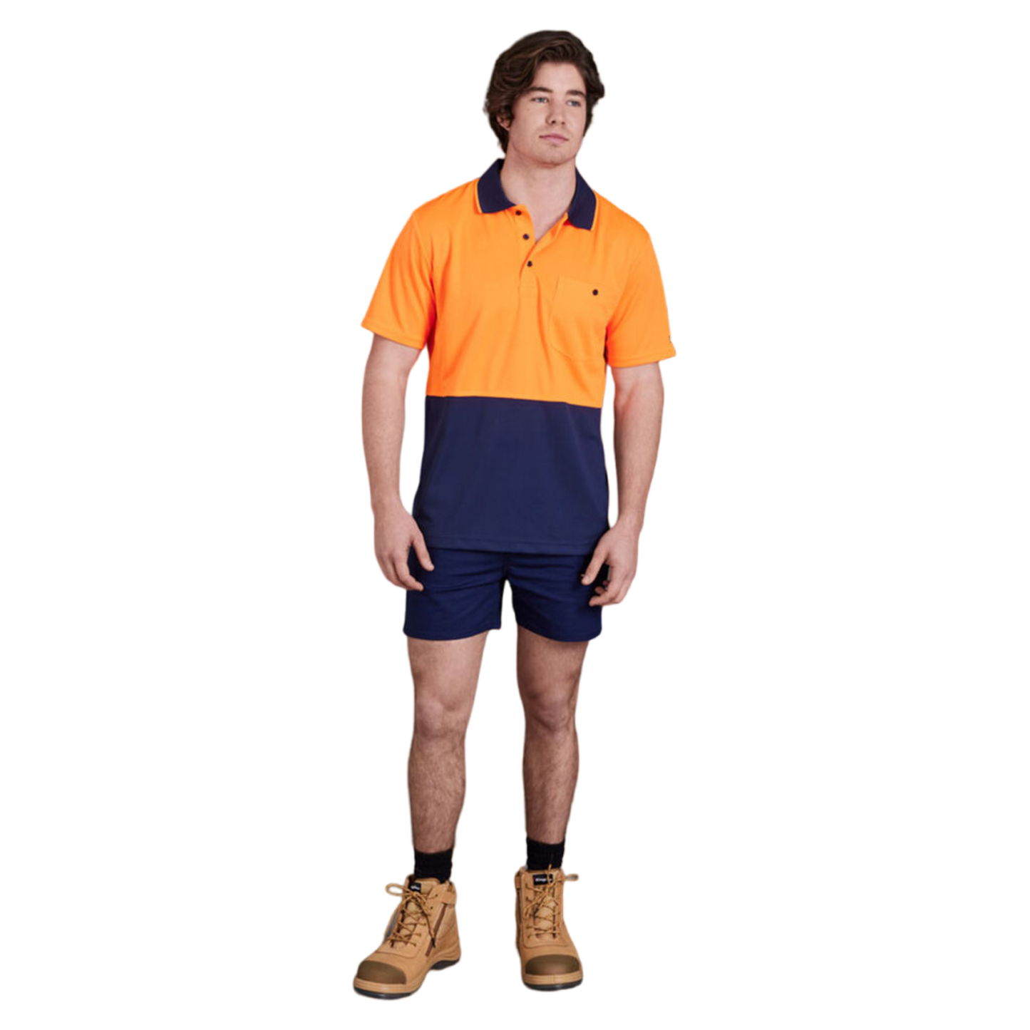 KingGee Men's Workcool Hyperfreeze Hi-Vis Two Tone Short Sleeve Polo Shirt - Orange/Navy