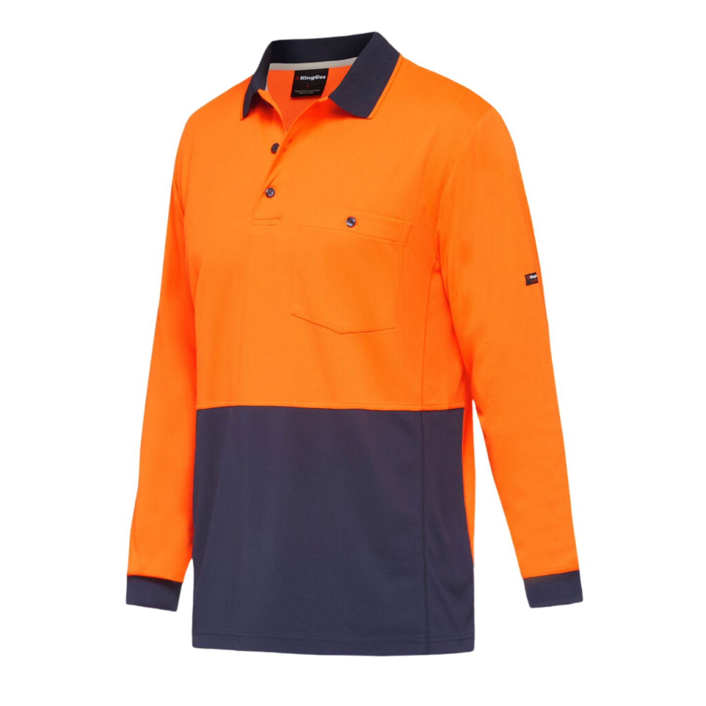 KingGee Men's Workcool Hyperfreeze Hi-Vis Two Tone Long Sleeve Polo Shirt - Orange/Navy