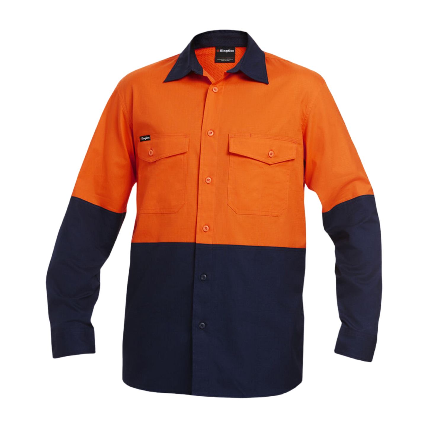 KingGee Men's Workcool 2 Hi-Vis Two Tone Long Sleeve Drill Work Shirt - Orange/Navy
