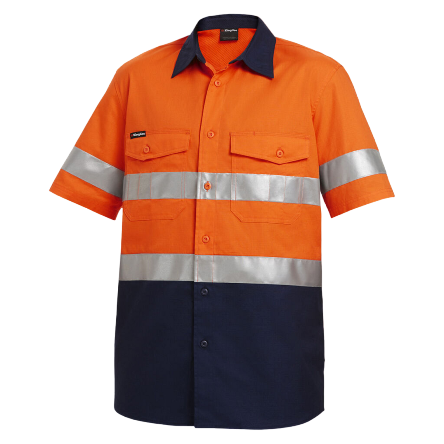 KingGee Men's Workcool 2 Hi-Vis Reflective Short Sleeve Work Shirt - Orange/Navy