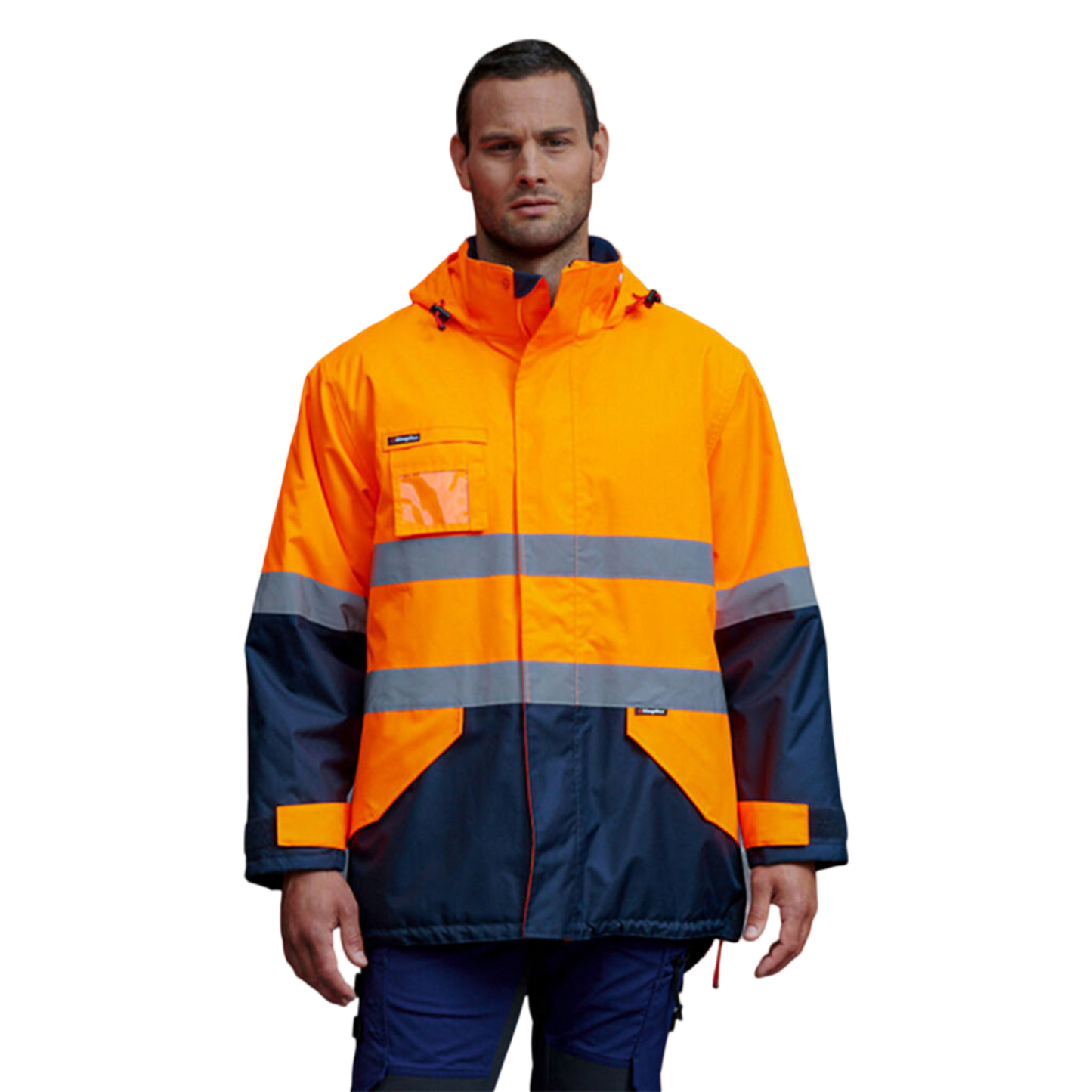 KingGee Men's Originals Waterproof Hi-Vis Reflective Lightweight Jacket - Orange/Navy