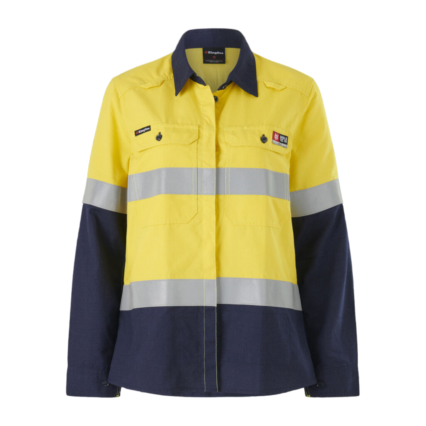 KingGee Women's Shieldtec Lenzing Fr Hi-Vis Spliced Open Front Taped Shirt - Yellow/Navy