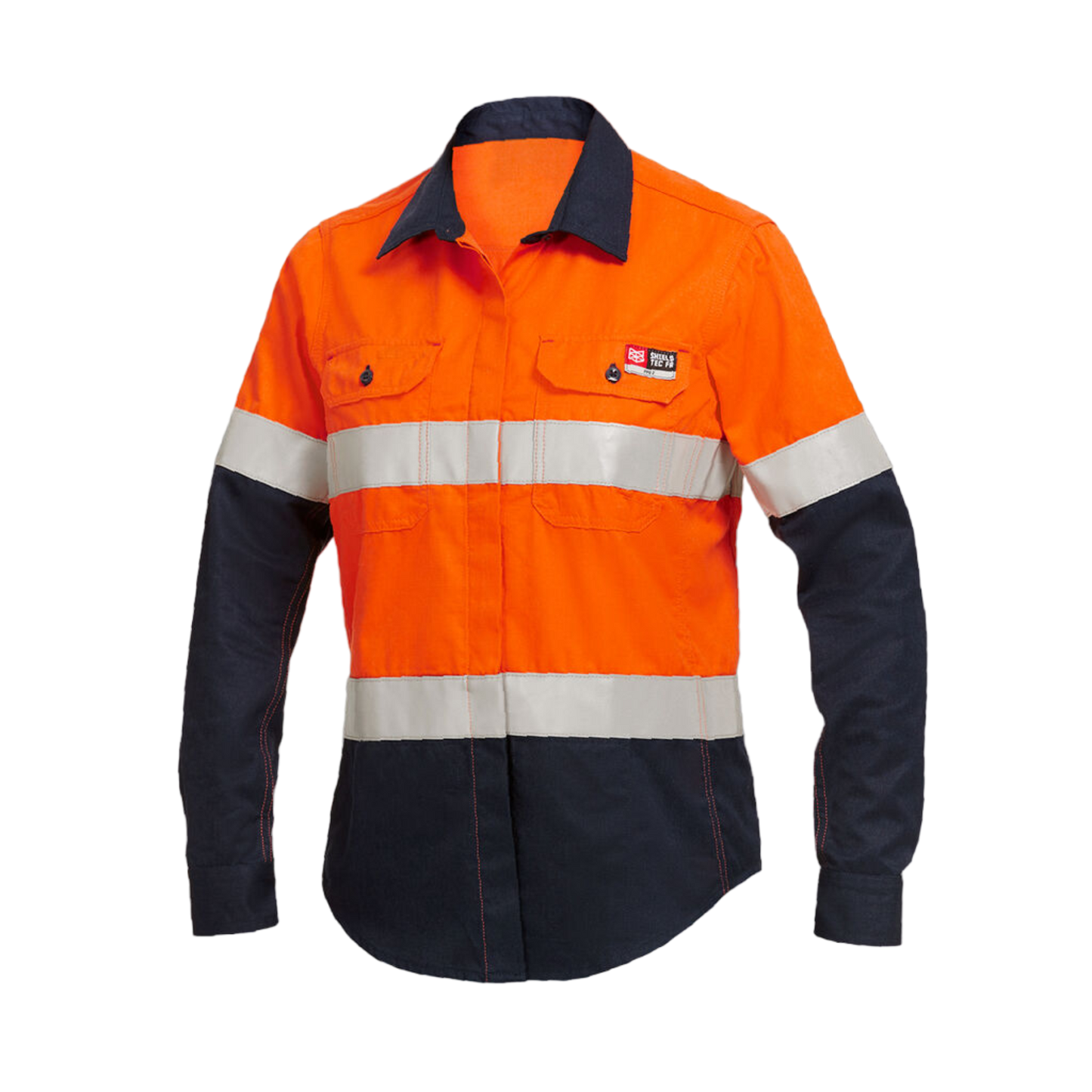 KingGee Women's Shieldtec Fr Hi Vis 2Tone Open Front Taped Shirt - Orange/Navy