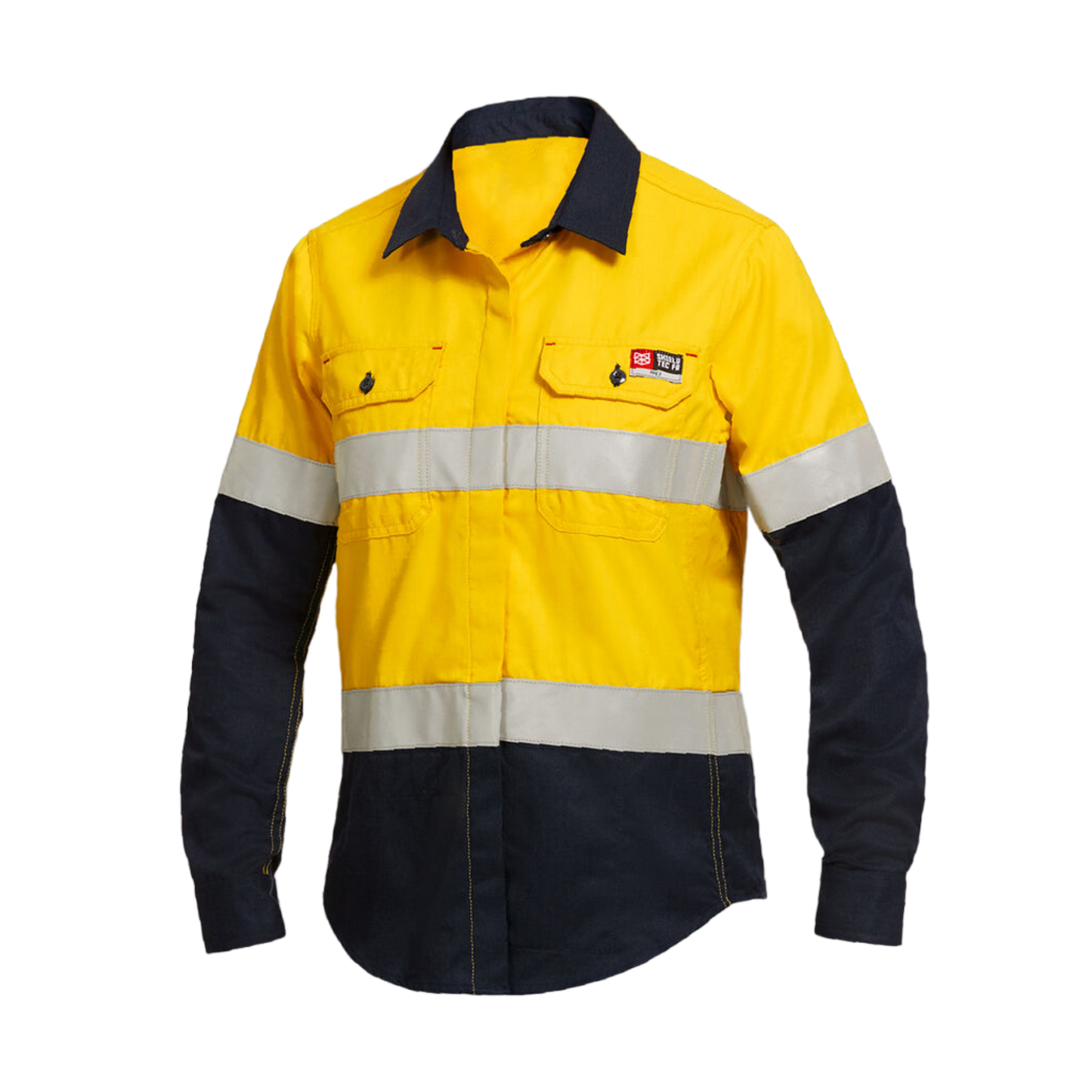 KingGee Women's Shieldtec Fr Hi Vis 2Tone Open Front Taped Shirt - Yellow/Navy
