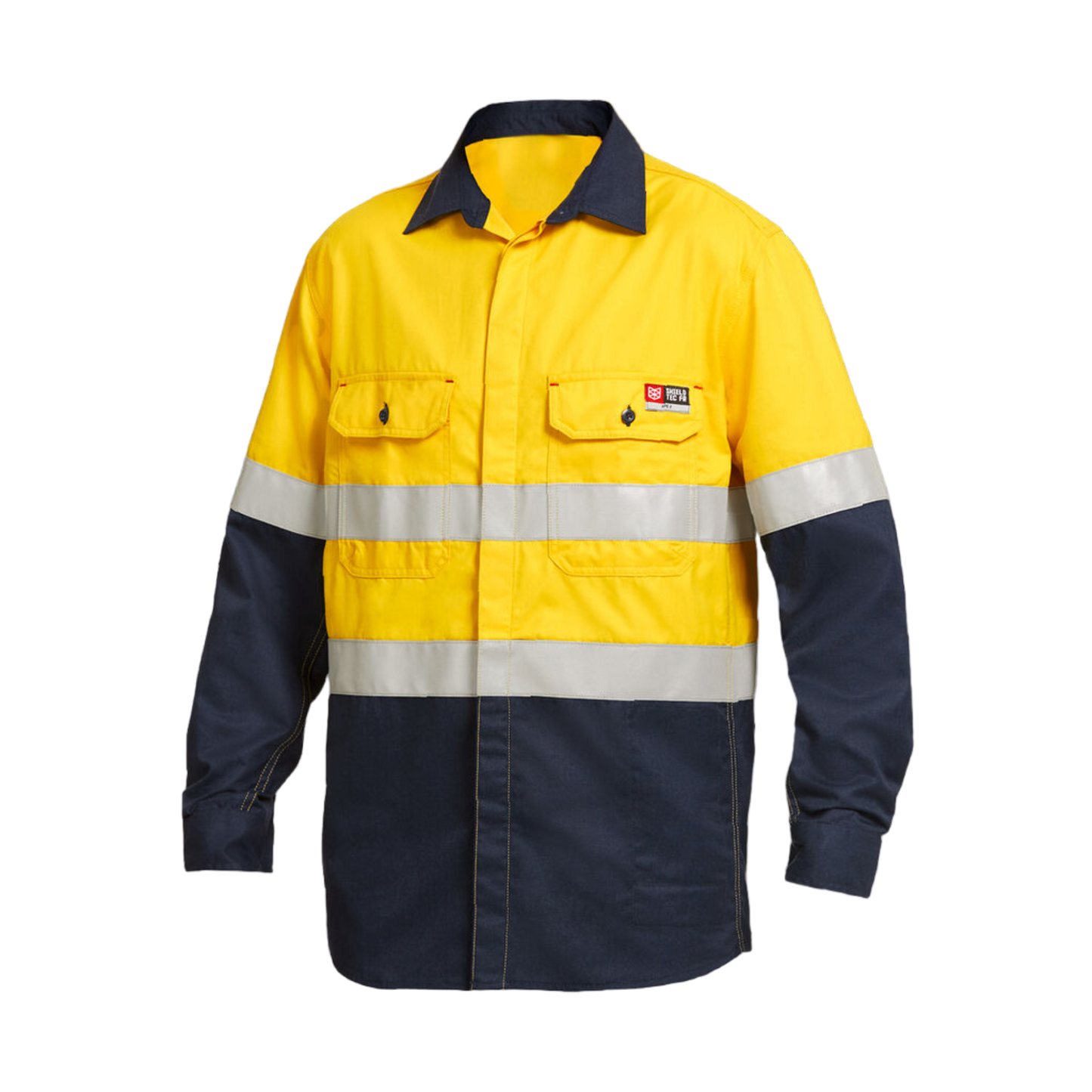 KingGee Men's Shieldtec Fr Hi Vis 2 Tone Open Front Taped Shirt - Yellow/Navy