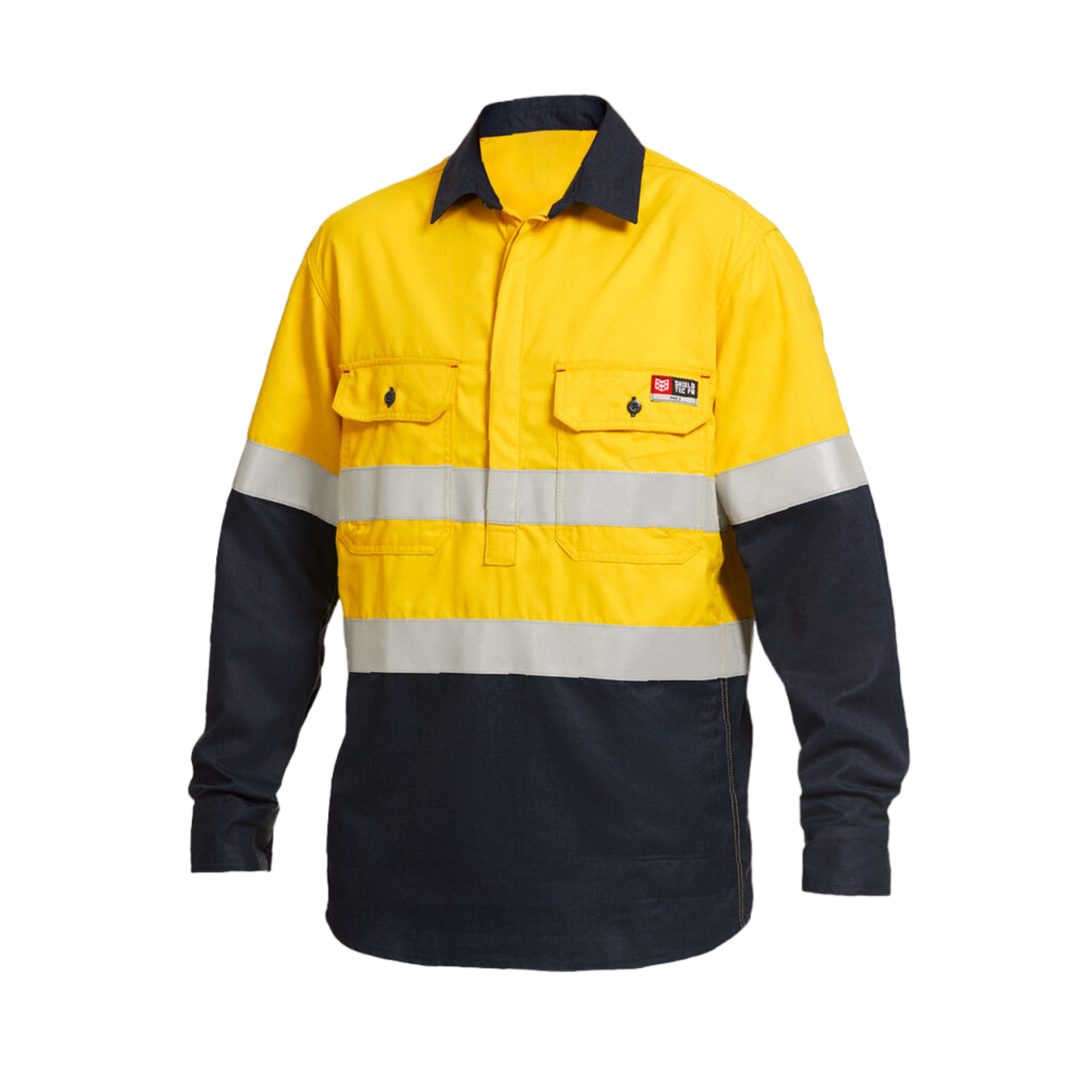 KingGee Men's Shieldtec Fr Hi Vis 2 Tone Closed Front Taped Shirt - Yellow/Navy