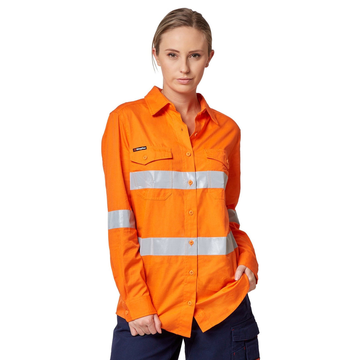 King Gee Workcool 2 Hi-Vis Long Sleeve Reflective Shirt - Orange Workwear King Gee
