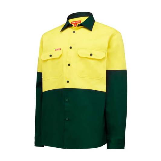 Hard Yakka Men's Core Hi-Vis Long Sleeve Heavyweight Cotton Drill Shirt - Yellow/Green