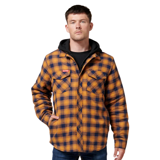 Hard Yakka Men's Quilted Flannel Hooded Shacket - Orange