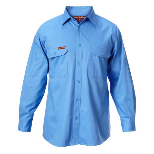 Hard Yakka Men's Long Sleeve Open Front Cotton Drill Work Shirt - Blue Medit