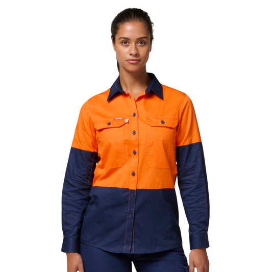 Hard Yakka Women's Core 2 Tone Hi-Vis Vented Long Sleeve Shirt - Orange/Navy