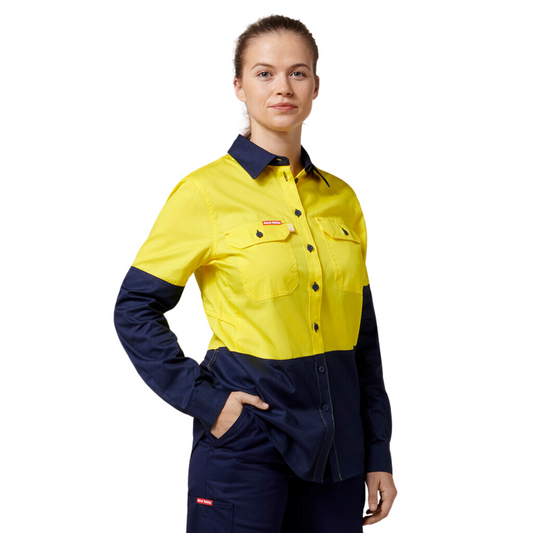 Hard Yakka Women's Core 2 Tone Hi-Vis Vented Long Sleeve Shirt - Yellow/Navy