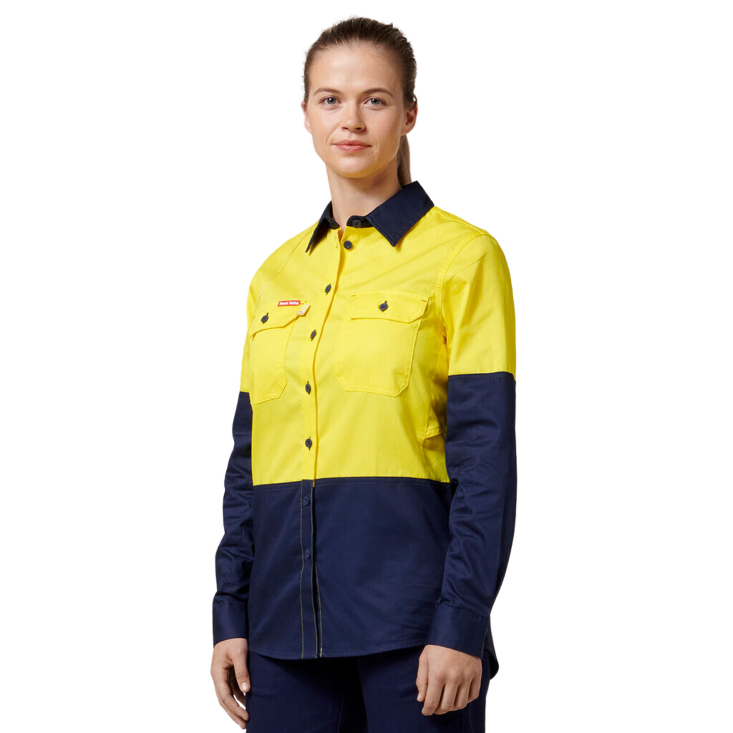 Hard Yakka Women's Core 2 Tone Hi-Vis Vented Long Sleeve Shirt - Yellow/Navy