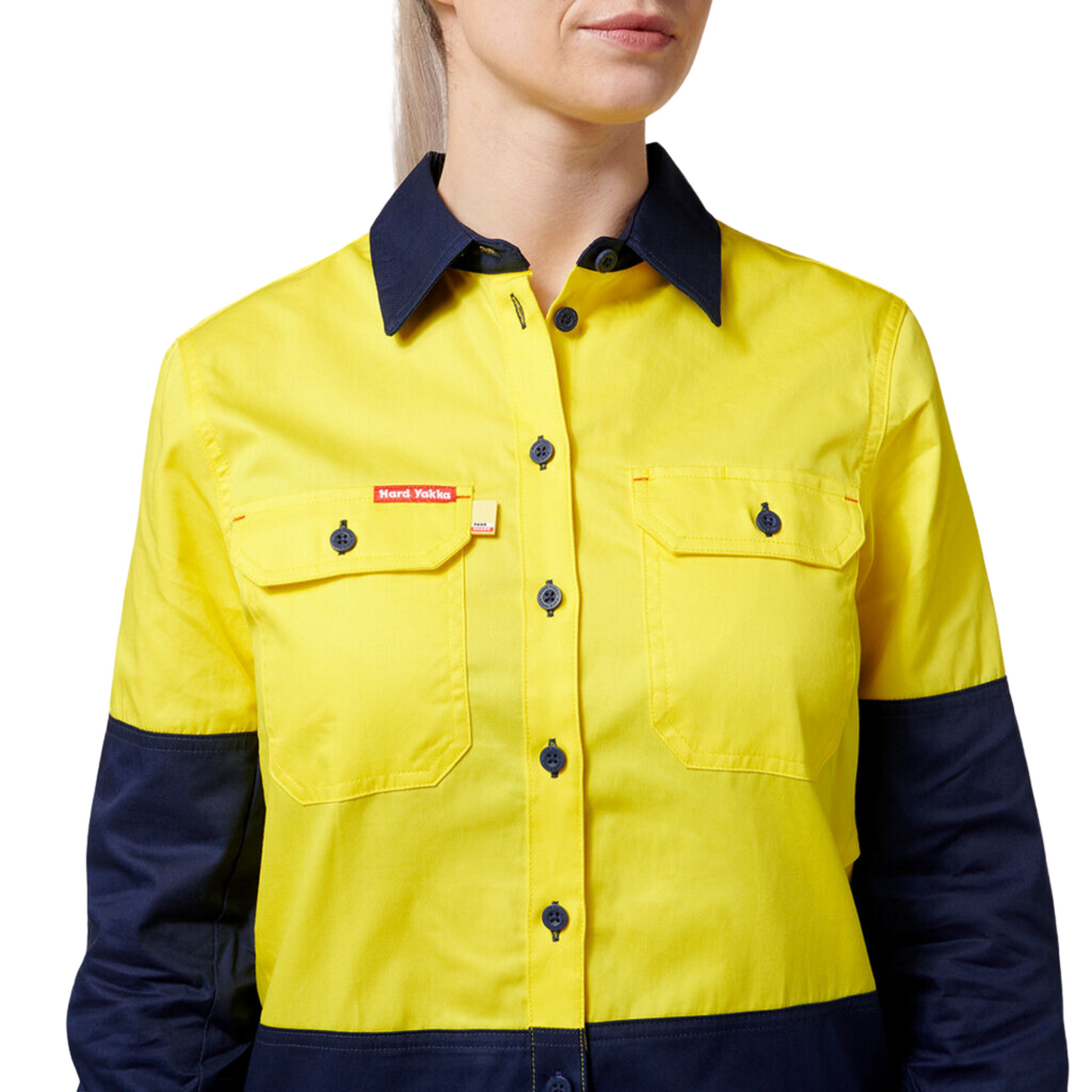 Hard Yakka Women's Core 2 Tone Hi-Vis Vented Long Sleeve Shirt - Yellow/Navy