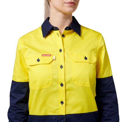 Hard Yakka Women's Core 2 Tone Hi-Vis Vented Long Sleeve Shirt - Yellow/Navy