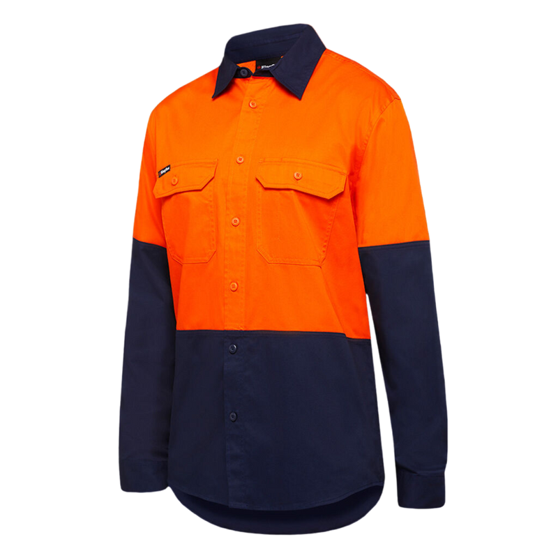 KingGee Men's Hi-Vis Stretch Long Sleeve Work Shirt - Orange/Navy