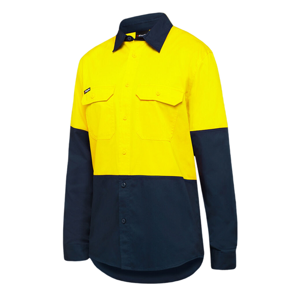 KingGee Men's Hi-Vis Stretch Long Sleeve Work Shirt - Yellow/Navy