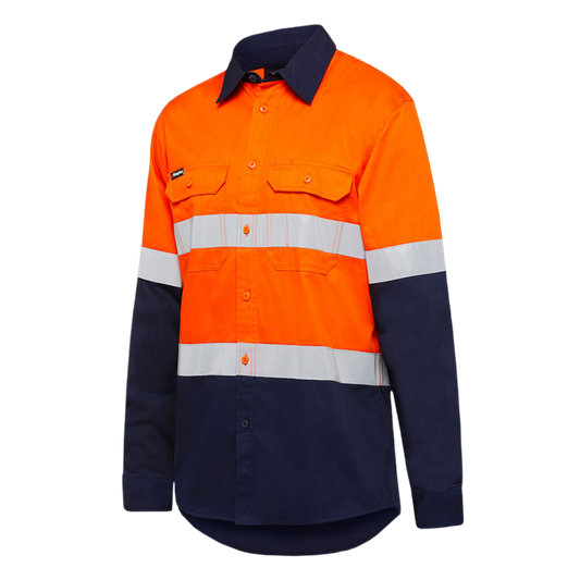 KingGee Men's Hi-Vis Stretch Relective Long Sleeve Work Shirt - Orange/Navy