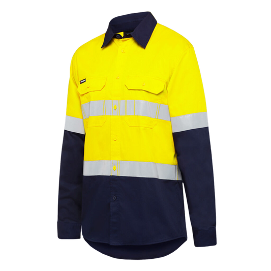 KingGee Men's Hi-Vis Stretch Relective Long Sleeve Work Shirt - Yellow/Navy