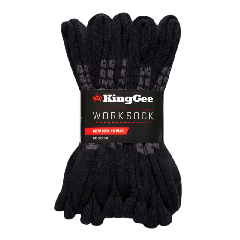 KingGee Men's Cotton Crew Work Socks - 5 Pack - Black