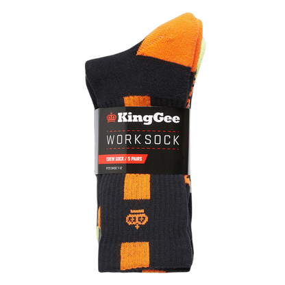 KingGee Men's Cotton Crew Work Socks - 5 Pack - Multi-Coloured