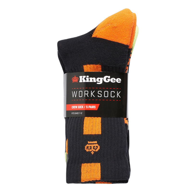 KingGee Men's Cotton Crew Work Socks - 5 Pack - Multi-Coloured