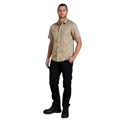 KingGee Men's Tradies Lightweiht Cotton Drill Short Sleeve Work Shirt - Khaki