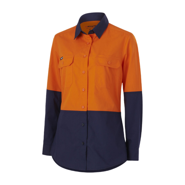 KingGee Women's Workcool Vented Spliced Shirt Long Sleeve - Orange/Navy
