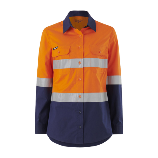 KingGee Women's Workcool Vented Spliced Shirt Taped Long Sleeve - Orange/Navy
