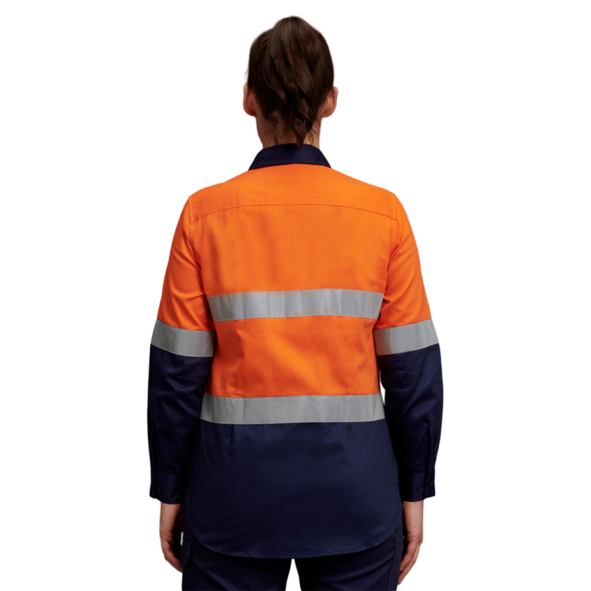 K44544 Back KingGee Women's Hi-Vis Reflective Long Sleeve Work Shirt - Orange/Navy ...