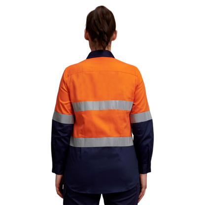KingGee Women's Hi-Vis Reflective Long Sleeve Work Shirt - Orange/Navy