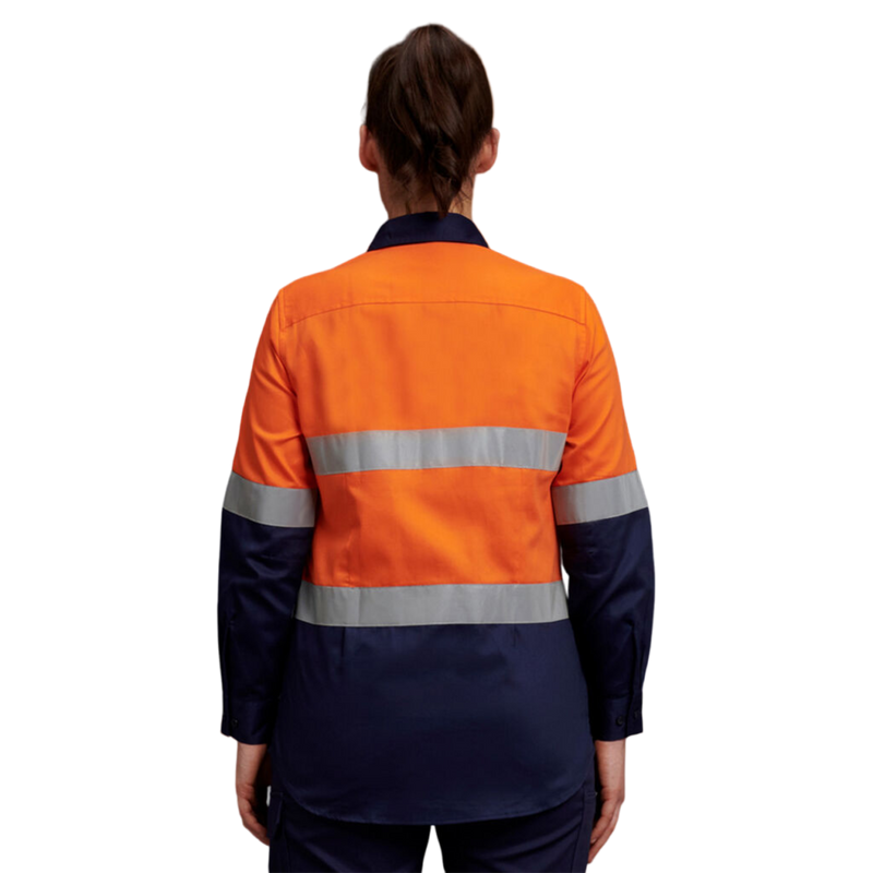 KingGee Women's Hi-Vis Reflective Long Sleeve Work Shirt - Orange/Navy