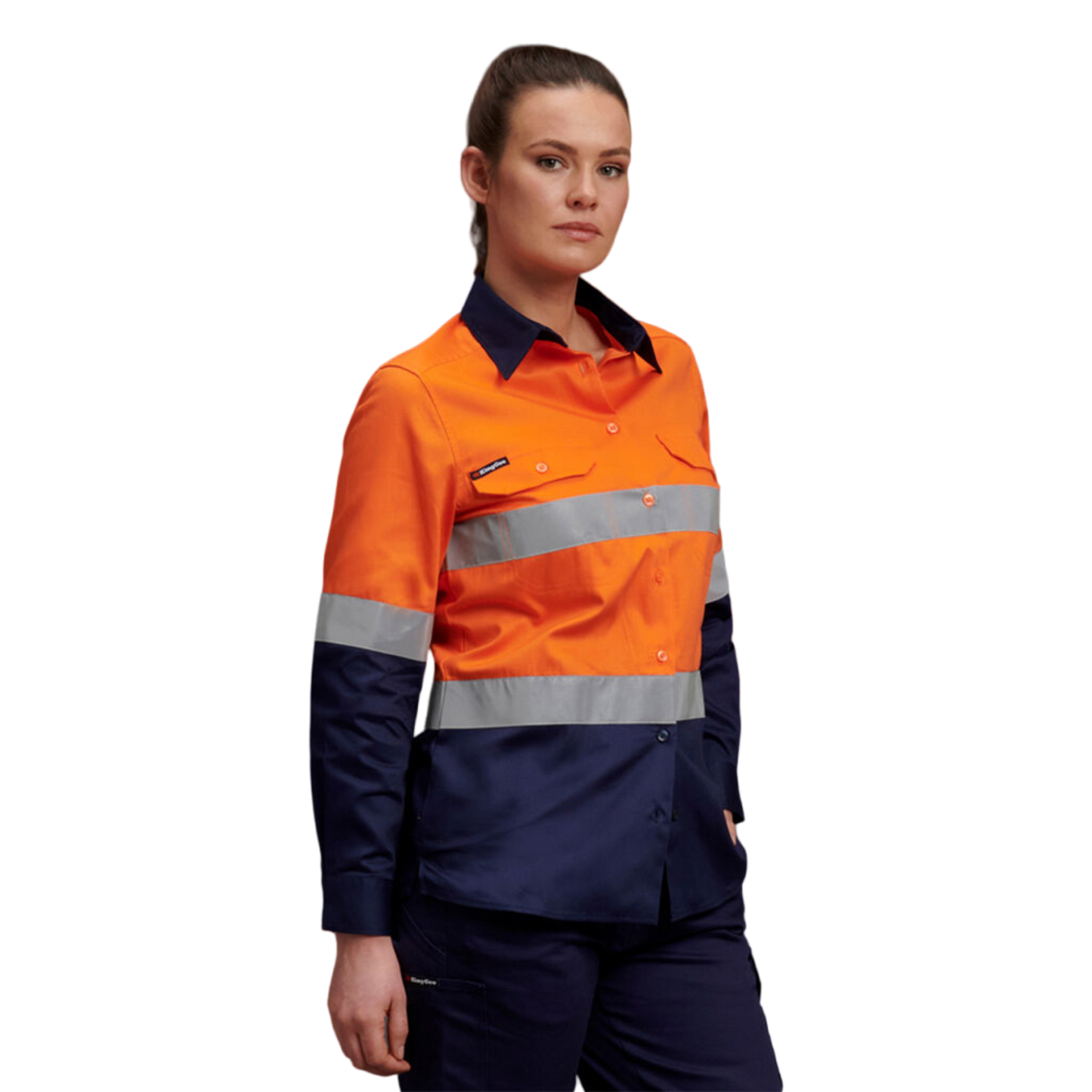 KingGee Women's Hi-Vis Reflective Long Sleeve Work Shirt - Orange/Navy