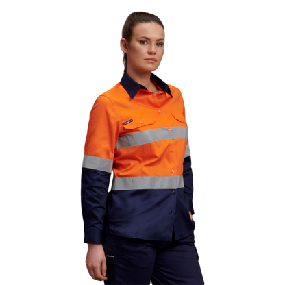 KingGee Women's Hi-Vis Reflective Long Sleeve Work Shirt - Orange/Navy