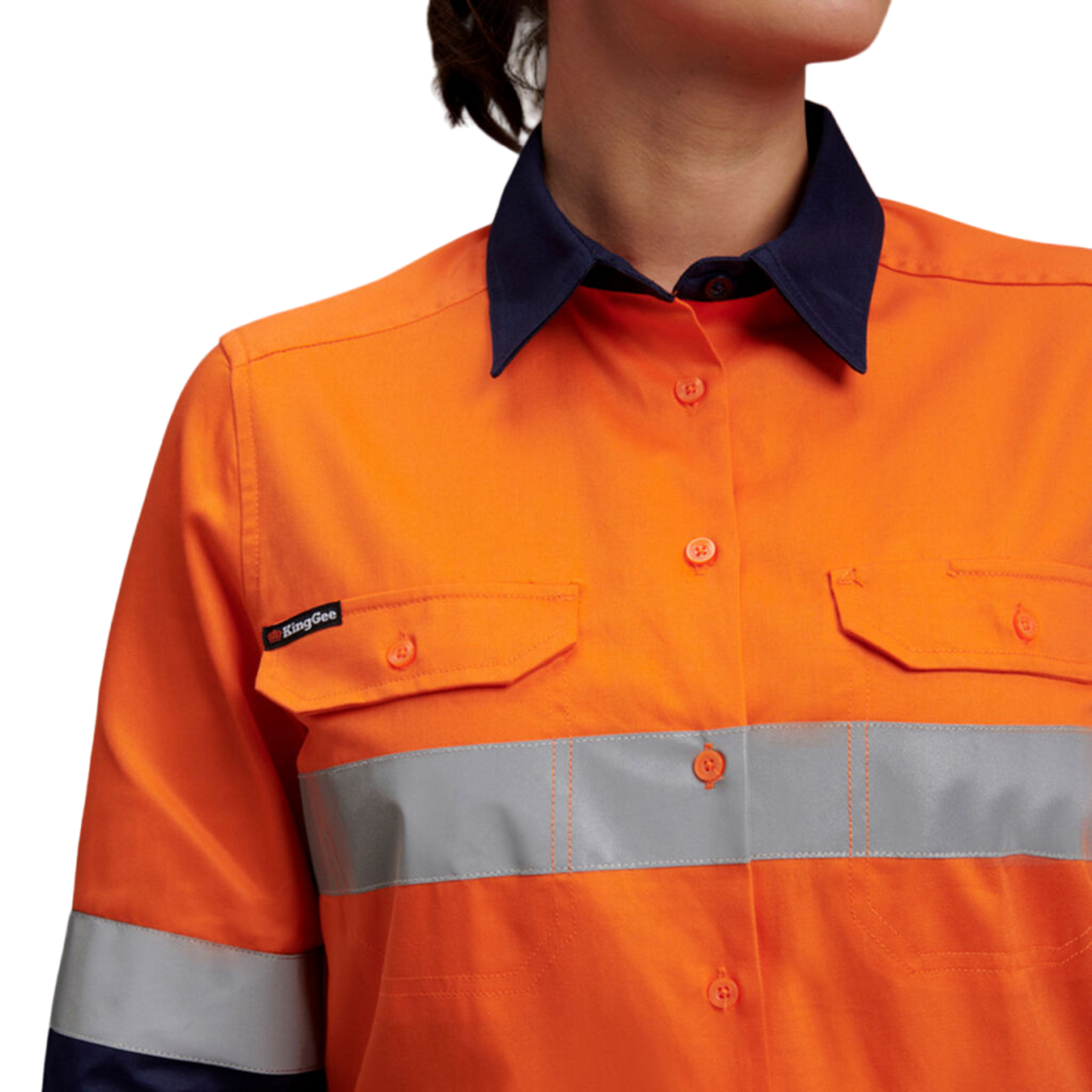 KingGee Women's Hi-Vis Reflective Long Sleeve Work Shirt - Orange/Navy