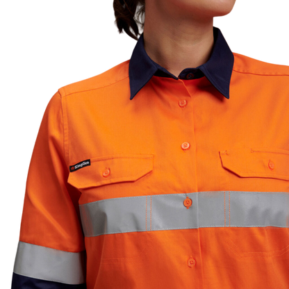 KingGee Women's Hi-Vis Reflective Long Sleeve Work Shirt - Orange/Navy