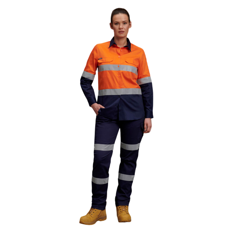 KingGee Women's Hi-Vis Reflective Long Sleeve Work Shirt - Orange/Navy