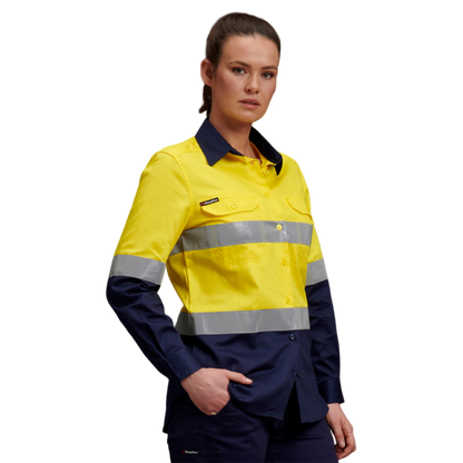 KingGee Women's Hi-Vis Reflective Long Sleeve Work Shirt - Yellow/Navy